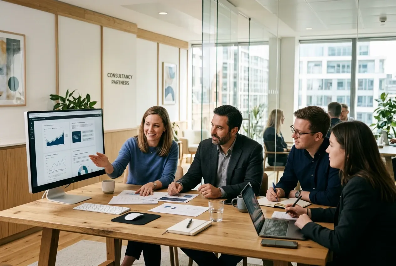 Team der Kanzlei bei der Arbeit in hellen Büroräumen