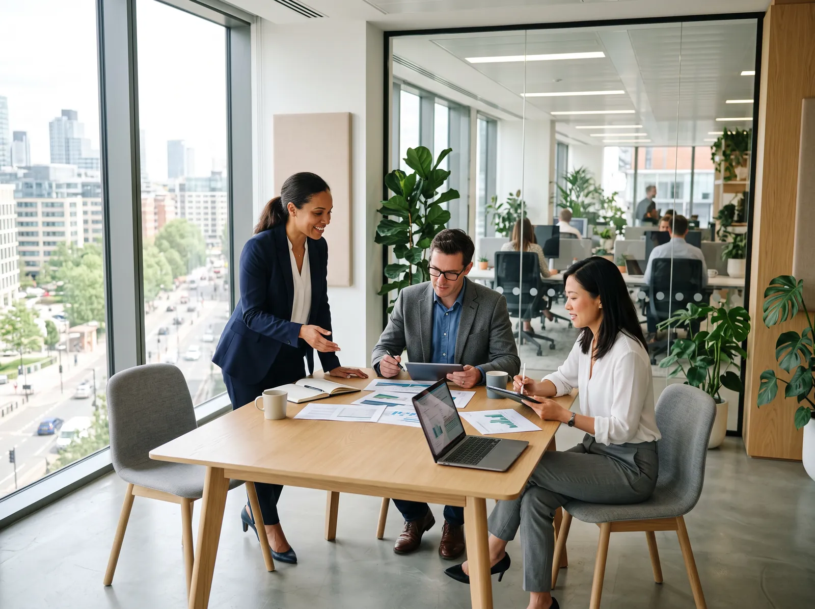 Team aus Fachleuten eines mittelständischen Unternehmens bei der Zusammenarbeit in einem hellen Büro